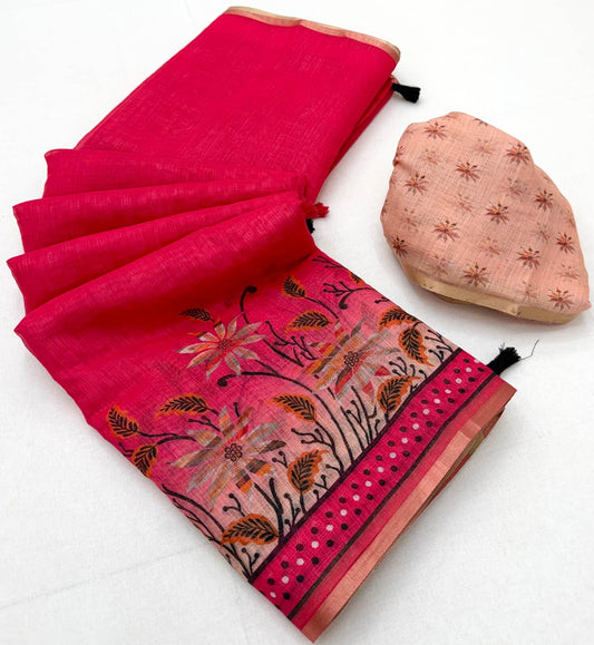 Piquant Dark Pink Printed Cotton Silk Saree With Ineffable Blouse Piece
