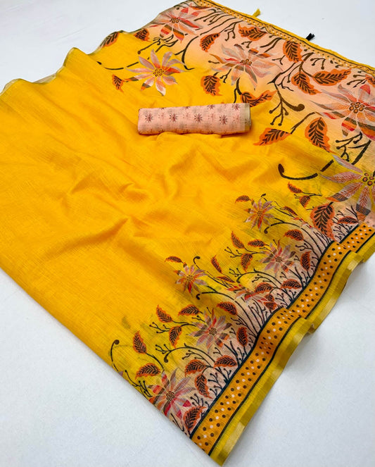 Effulgent Yellow Printed Cotton Silk Saree With Jubilant Blouse Piece