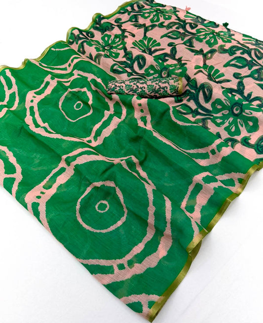 Elision Green Printed Cotton Silk Saree With Surreptitious Blouse Piece