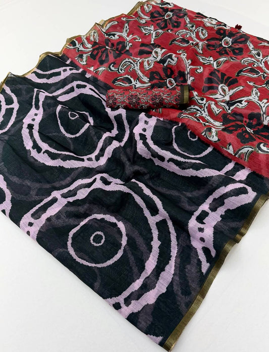 Fugacious Black Printed Cotton Silk Saree With Lustrous Blouse Piece