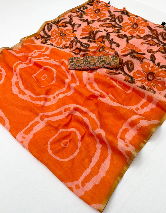 Fancifull Orange Printed Cotton Silk Saree With Wonderful Blouse Piece