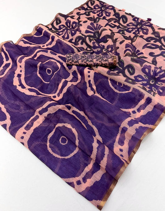 Hypnotic Purple Printed Cotton Silk Saree With Designer Blouse Piece