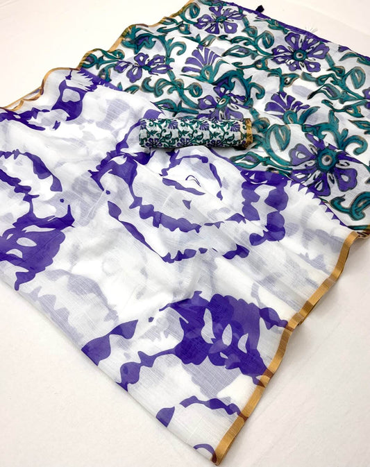 Scintillating Off White Printed Cotton Silk Saree With Girlish Blouse Piece