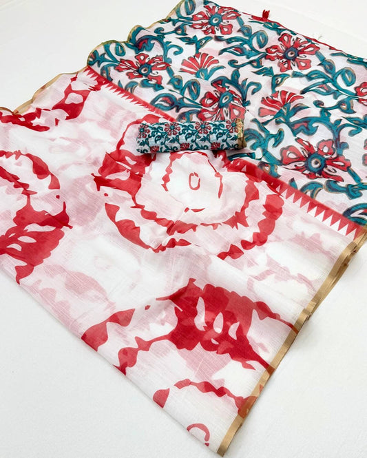 Gleaming Off White Printed Cotton Silk Saree With Flattering Blouse Piece
