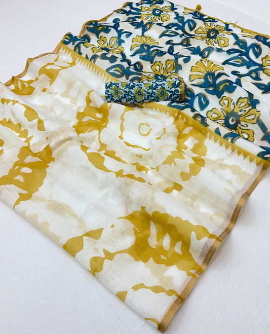 Winsome Off White Printed Cotton Silk Saree With Ideal Blouse Piece