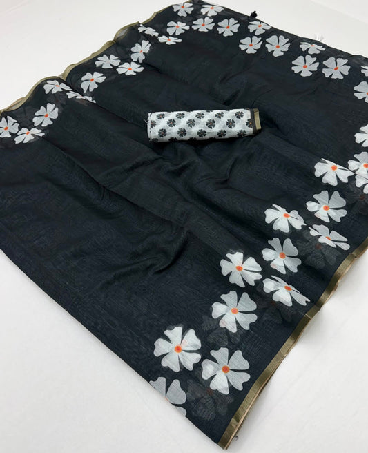 Rhapsody Black Printed Cotton Silk Saree With Aplomb Blouse Piece