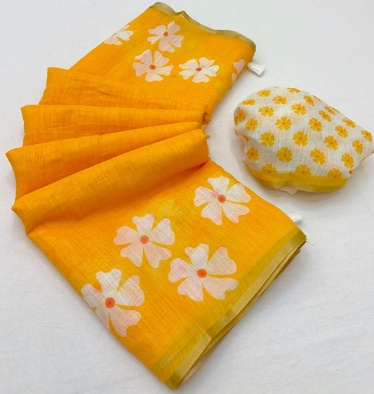 Zephyr Yellow Printed Cotton Silk Saree With Glittering Blouse Piece