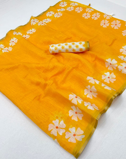 Zephyr Yellow Printed Cotton Silk Saree With Glittering Blouse Piece