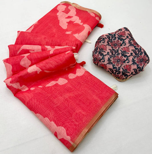 Charismatic Pink Printed Cotton Silk Saree With Pretty Blouse Piece