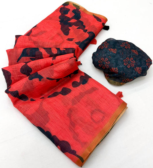 Amazing Red Printed Cotton Silk Saree With Evocative Blouse Piece