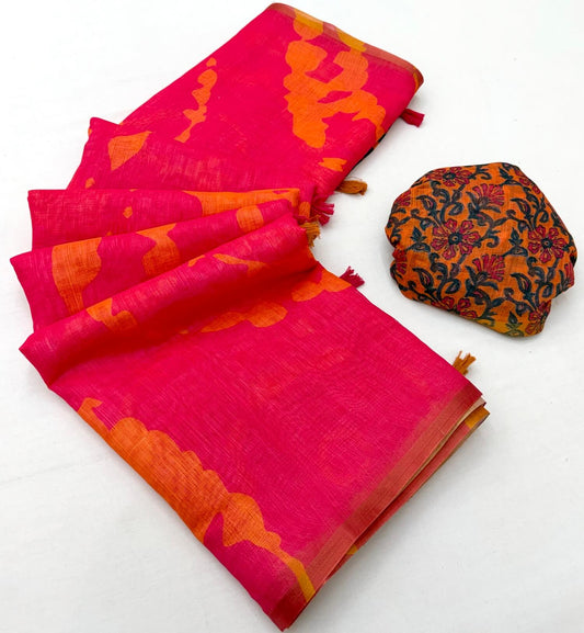 Beguiling Dark Pink Printed Cotton Silk Saree With Unique Blouse Piece