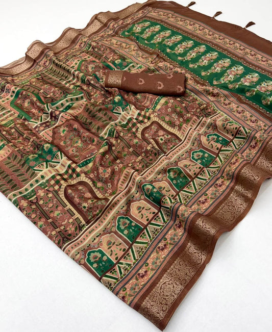 Susurrous Brown Printed Viscose Silk Saree With Seraglio Blouse Piece