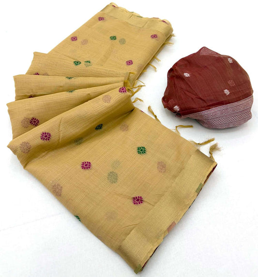 Cynosure Yellow Pure Munga Cotton Silk Saree With Unequalled Blouse Piece