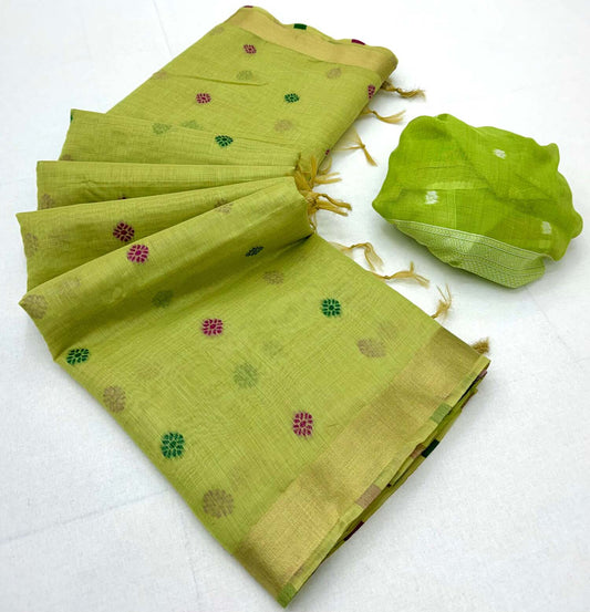 Smart Green Pure Munga Cotton Silk Saree With Enchanting Blouse Piece