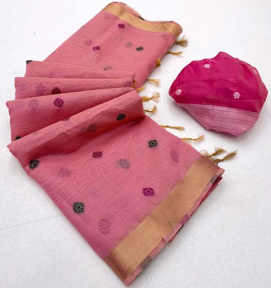 Classy Pink Pure Munga Cotton Silk Saree With Beauteous Blouse Piece