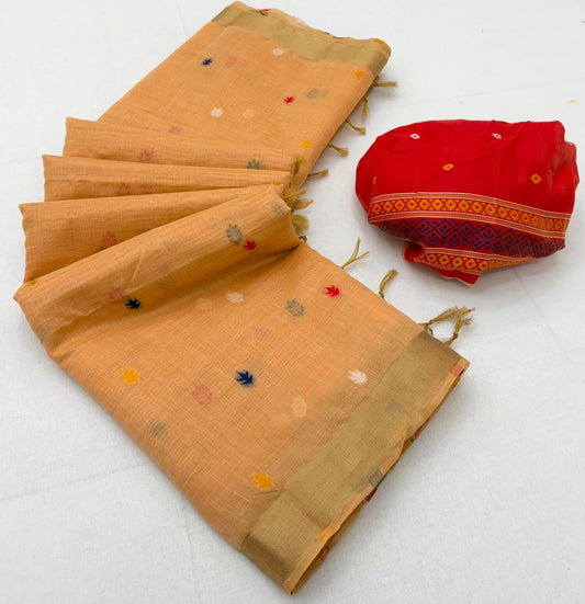 Designer Peach Pure Munga Cotton Silk Saree With Desiring Blouse Piece