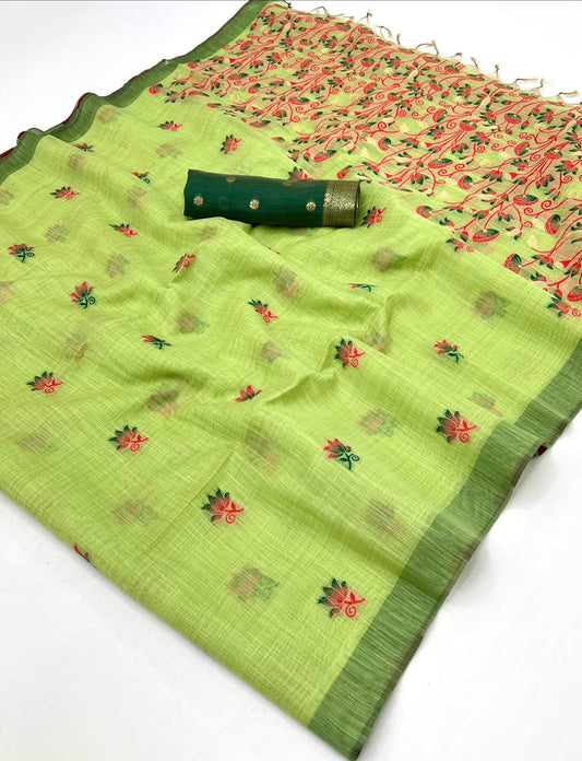 Brood Pista Pure Munga Cotton Silk Saree With Alluring Blouse Piece