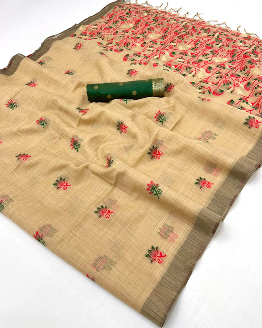Blooming Beige Pure Munga Cotton Silk Saree With Charming Blouse Piece