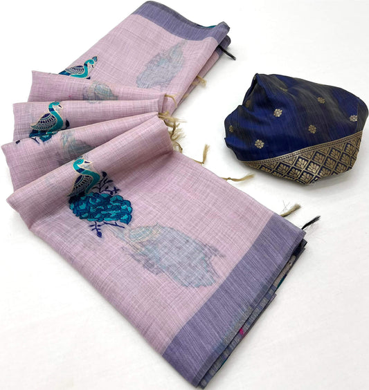 Embellished Lavender Pure Munga Cotton Silk Saree With Entrancing Blouse Piece