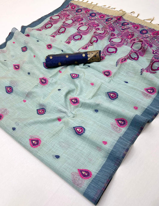 Angelic Sea Green Pure Munga Cotton Silk Saree With Enthralling Blouse Piece