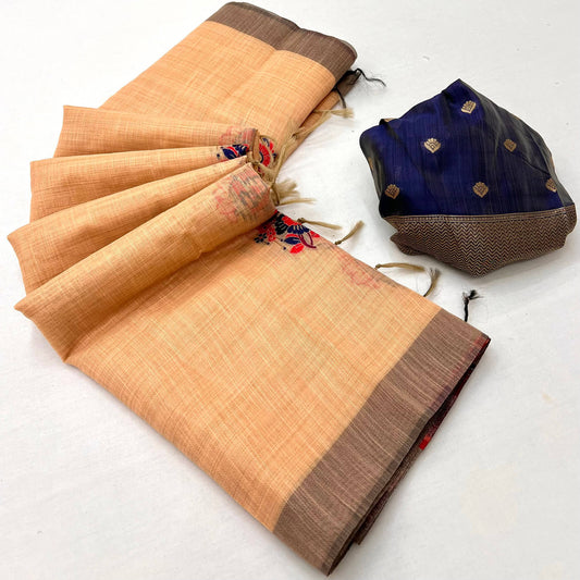 Quixotic Peach Pure Munga Cotton Silk Saree With Invaluable Blouse Piece