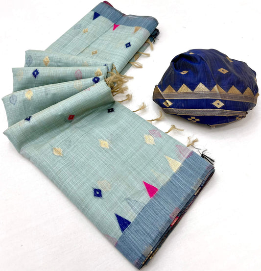 Luminous Sky Pure Munga Cotton Silk Saree With Impressive Blouse Piece