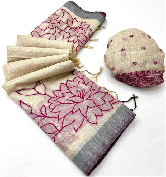 Seraglio Beige Pure Munga Cotton Silk Saree With Incomparable Blouse Piece