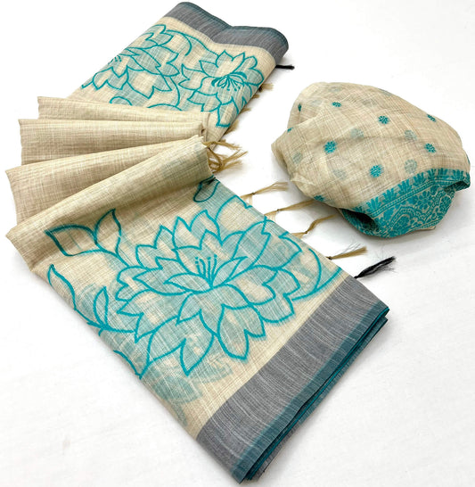 Mesmerising Beige Pure Munga Cotton Silk Saree With Trendy Blouse Piece