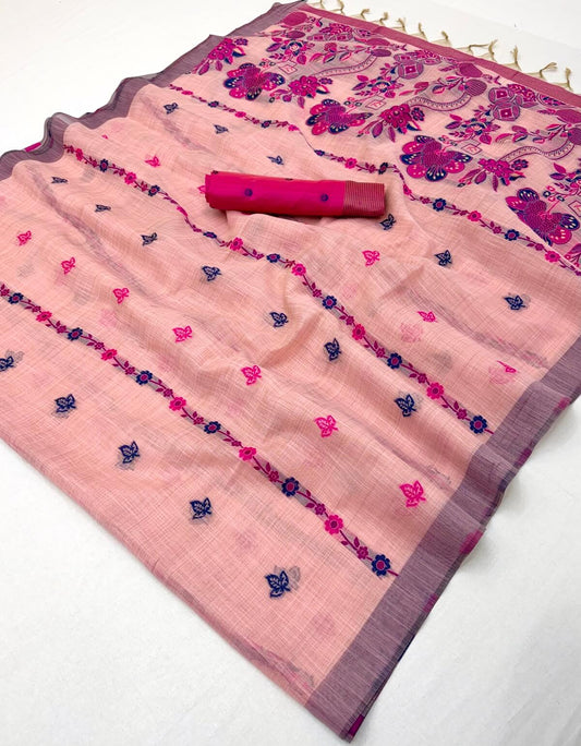 Woebegone Pink Pure Munga Cotton Silk Saree With Amazing Blouse Piece