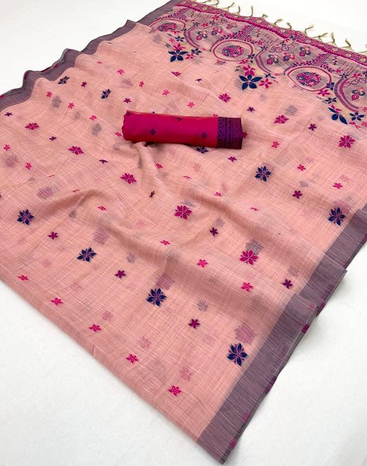 Vivacious Pink Pure Munga Cotton Silk Saree With Tantalizing Blouse Piece