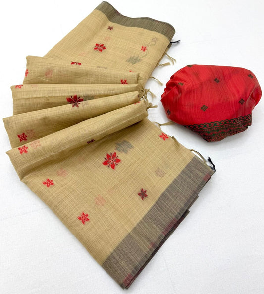 Beautiful Beige Pure Munga Cotton Silk Saree With Pleasant Blouse Piece