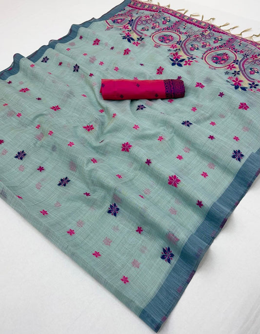 Deserving Sea Green Pure Munga Cotton Silk Saree With Efflorescence Blouse Piece