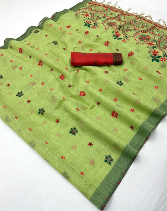Gorgeous Pista Pure Munga Cotton Silk Saree With Entrancing Blouse Piece