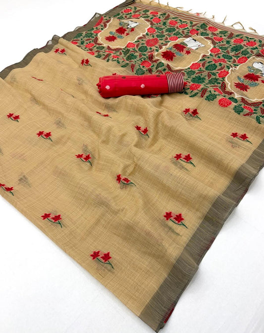 Stunning Beige Pure Munga Cotton Silk Saree With Pretty Blouse Piece