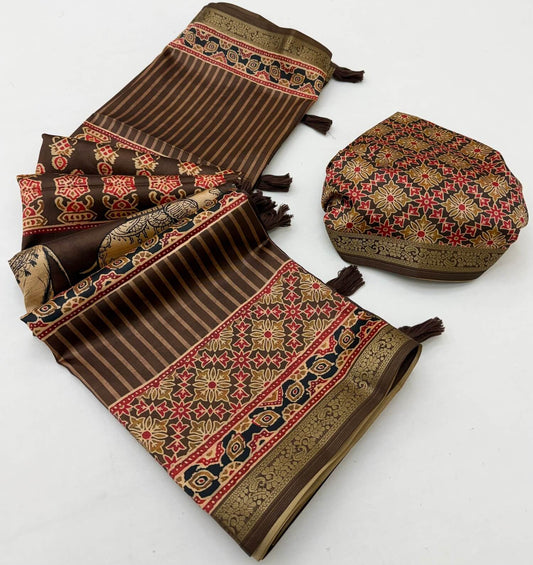 Panoply Brown Ajrakh Printed Soft Silk Saree With Enthralling Blouse Piece