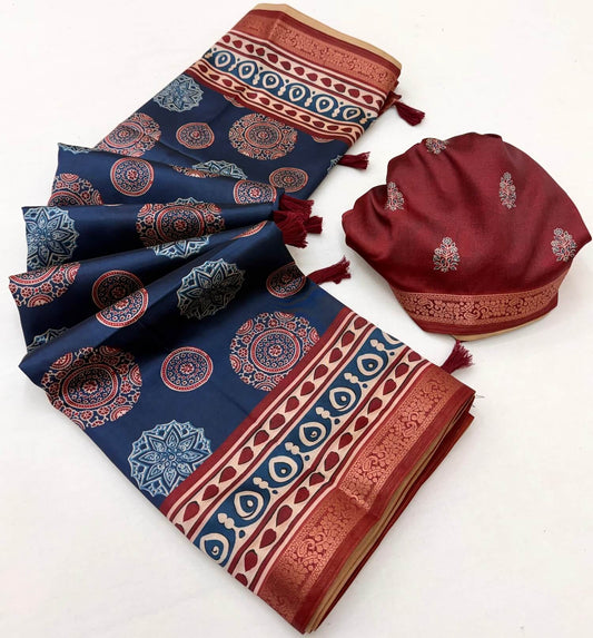 Magnificat Navy Blue Ajrakh Printed Soft Silk Saree With Ethnic Blouse Piece