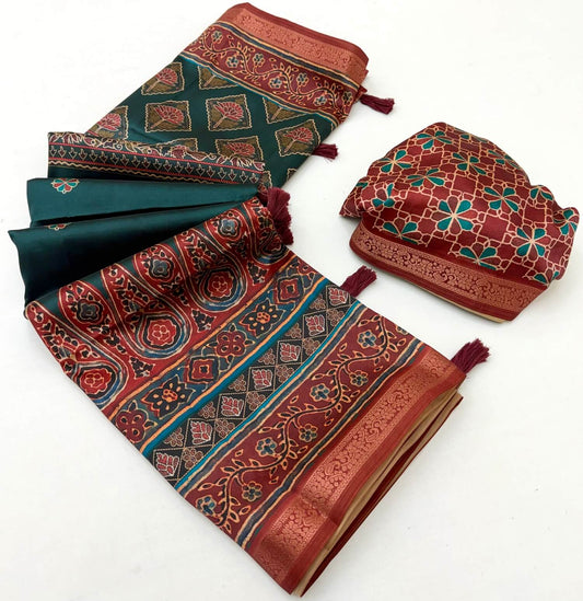 Arresting Rama Ajrakh Printed Soft Silk Saree With Scrumptious Blouse Piece