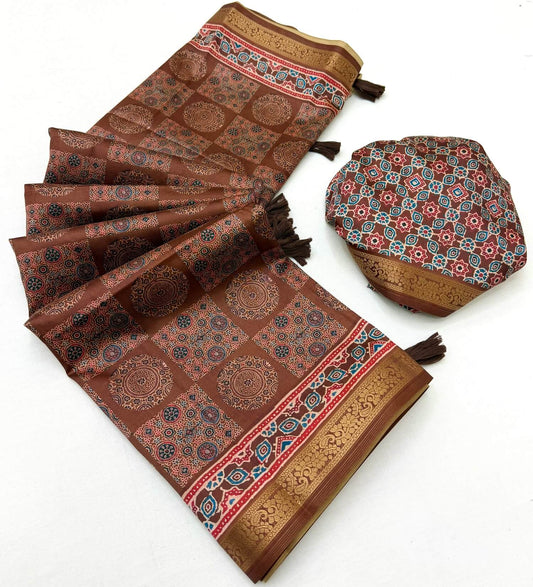 Desirable Brown Ajrakh Printed Soft Silk Saree With Blissful Blouse Piece