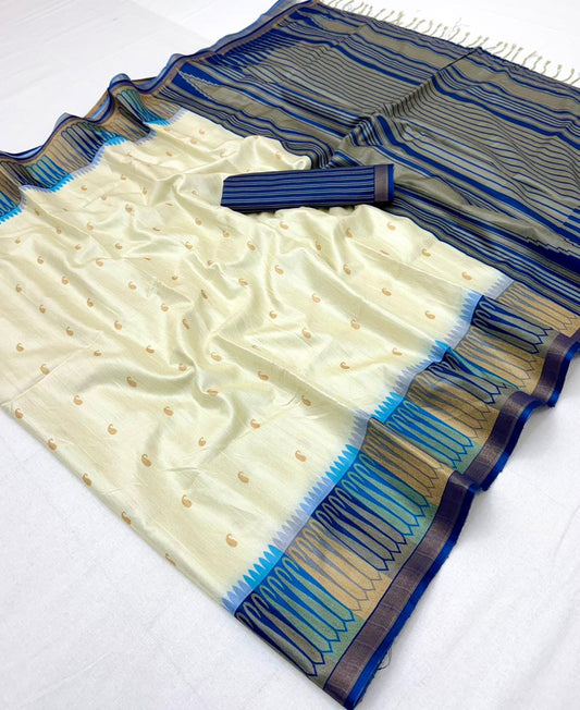 Mesmeric Off White Pure Zari Weaving Banarasi Tussar Silk Saree With Ornate Blouse Piece