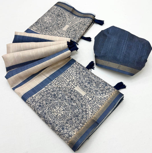 Lassitude Navy Blue Printed Cotton Silk Saree With Susurrous Blouse Piece