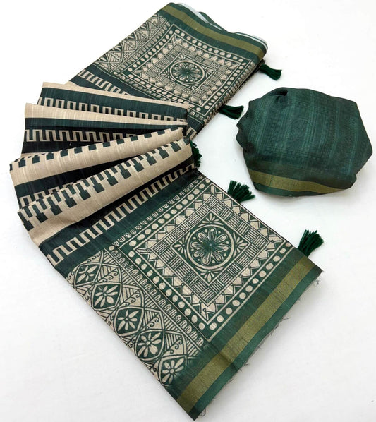 Breathtaking Dark Green Printed Cotton Silk Saree With Extraordinary Blouse Piece