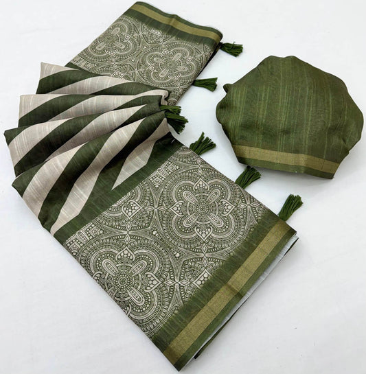 Sonorous Green Printed Cotton Silk Saree With Glittering Blouse Piece