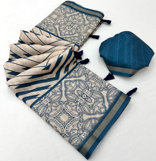 Magnetic Blue Printed Cotton Silk Saree With Delectable Blouse Piece