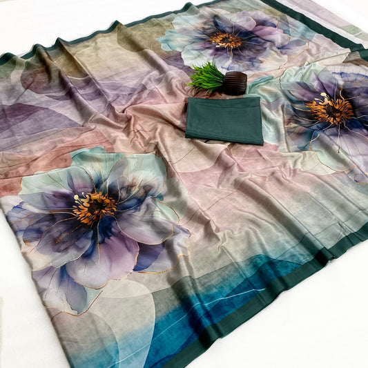Supernal Multicolor Digital Printed Satin Silk Saree With Ebullience Blouse Piece