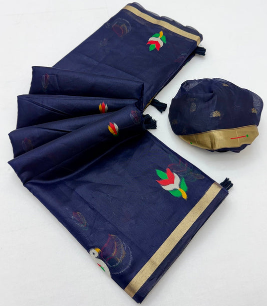 Panoply Navy Blue Pure Munga Cotton Silk Saree With Splendiferous Blouse Piece