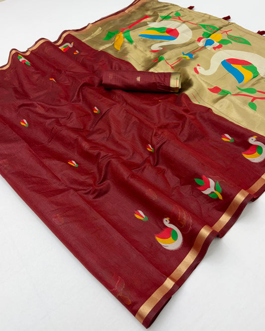 Embellished Maroon Pure Munga Cotton Silk Saree With Resonant Blouse Piece