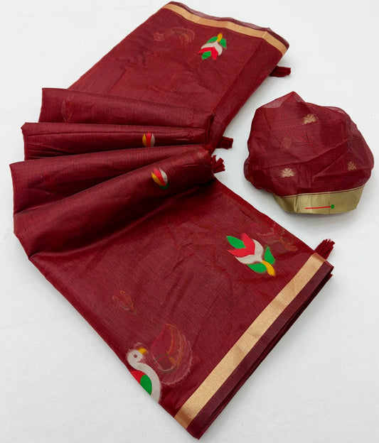 Embellished Maroon Pure Munga Cotton Silk Saree With Resonant Blouse Piece