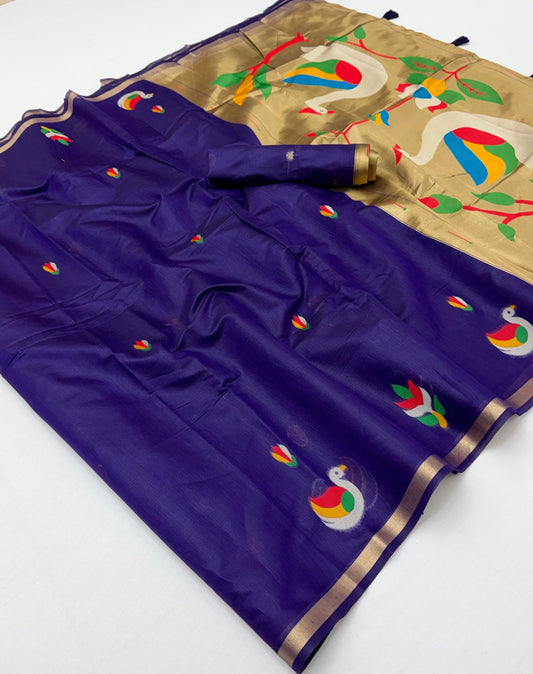 Jubilant Royal Blue Pure Munga Cotton Silk Saree With Ephemeral Blouse Piece