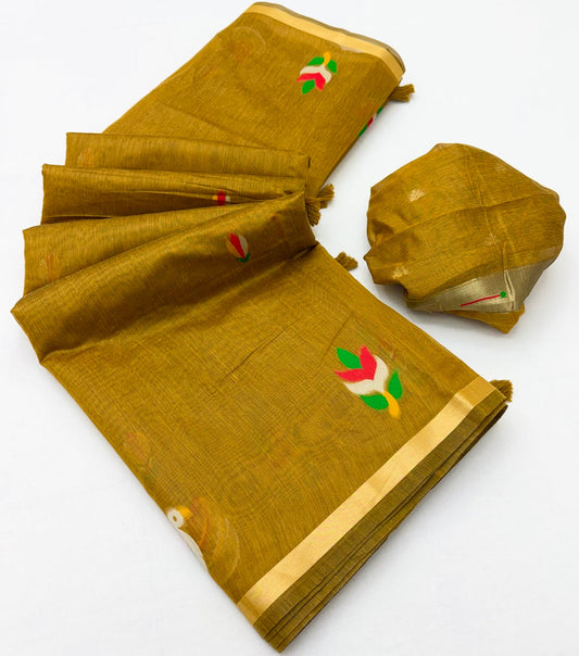 Verdant Mustard Pure Munga Cotton Silk Saree With Jazzy Blouse Piece