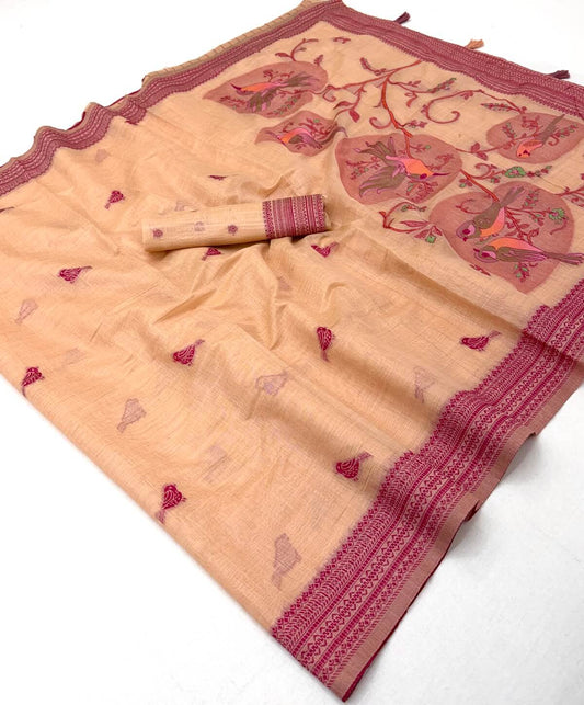 Enthralling Peach Pure Munga Cotton Silk Saree With Inspiring Blouse Piece